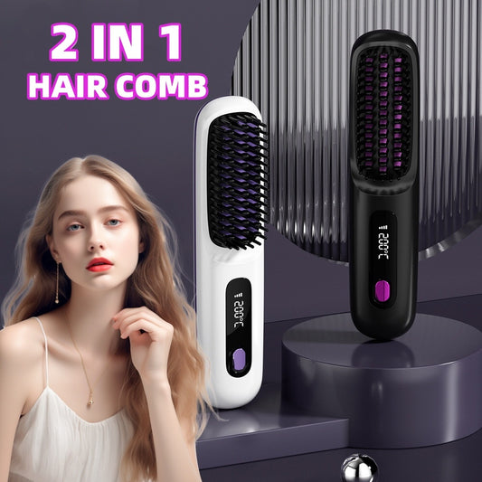 2-in-1 Wireless Hair Straightener Brush – Portable Ionic Comb for Smooth & Shiny Hair